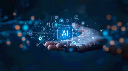 Poster - Artificial intelligence concept with a glowing AI icon on a digital interface above an open hand, representing innovation and technology. Ideal for tech articles, presentations, and AI-related content