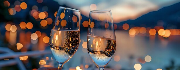 
Close-up of two champagne glasses against a lakeside sunset backdrop with bokeh lights, perfect for celebrations, romantic evenings, and lifestyle promotions.