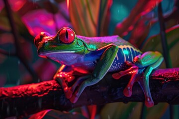 Colorful frog perched on branch in rain, suitable for nature themes