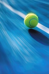 Wall Mural - A tennis ball on a blue tennis court. Ideal for sports and recreational designs