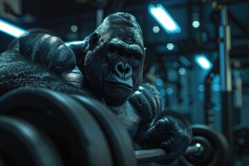 Wall Mural - A powerful gorilla sitting on a barbell in a gym. Perfect for fitness and animal themes