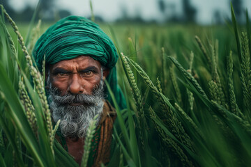 Portrait of a South Asian farmer standing in a lush green rice field, with intense eyes and traditional headwear, embodying a strong connection to the land and agricultural lifestyle.