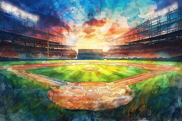 Sticker - A beautiful sunset over a baseball field, perfect for sports-related projects