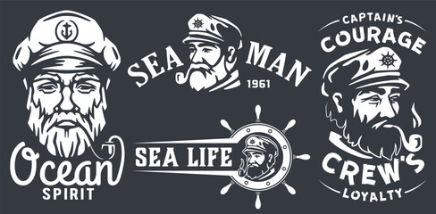 Vintage maritime illustration set featuring sea emblems, captain portraits, anchors, and inspiring oceanic phrases in a monochrome style