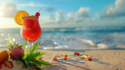 Wall Mural - tropical fruit cocktail on sandy beach with ocean backdrop, summer refreshment