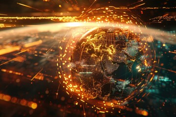 Poster - A digital image of a globe surrounded by lights. Ideal for technology and global concept designs