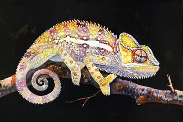 Wall Mural - A colorful chameleon perched on a tree branch. Ideal for nature and wildlife themes