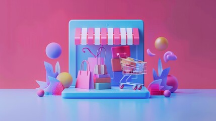 Wall Mural - A computer screen shows a shopping cart with a pink and white store front