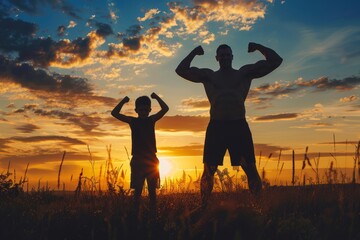 Happy father and son silhouette do muscle, child sitting on his shoulders on the grass at sunset, happy Father's Day, Father's Day concept