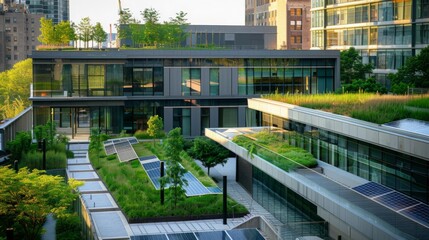 Wall Mural - Modern sustainable architecture and design, featuring eco-friendly buildings with green roofs and solar panels, in an urban landscape, emphasizing environmental consciousness and innovation --ar 16:9 