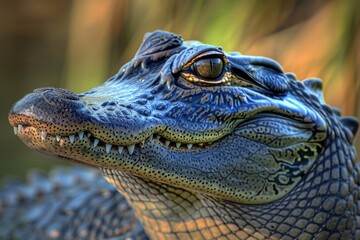 Wall Mural - Close-up shot of an alligator's face with a blurry background. Perfect for wildlife or nature themes