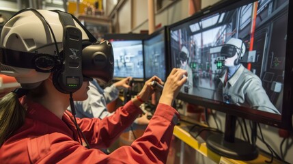 Technicians using virtual reality to train for nuclear power plant operations, in a high-tech, immersive training environment.
