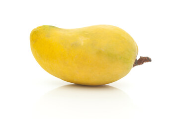 Wall Mural - Close-up of a fresh ripe Organic Indian Mango (Mangifera indica) isolated on a white background. Front view.