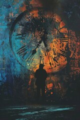 Poster - A man standing in front of a large clock, suitable for time management concepts