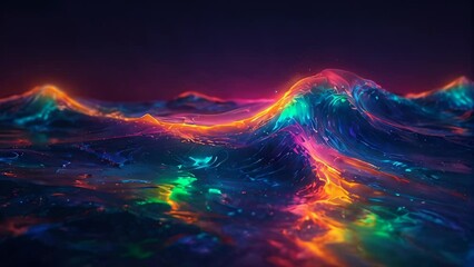 Poster - flowing waves in colors are vibrant and neon, primarily featuring shades of blue, pink, and orange. 