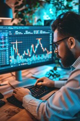 Poster - A man sitting in front of a computer monitor. Suitable for technology and office concepts