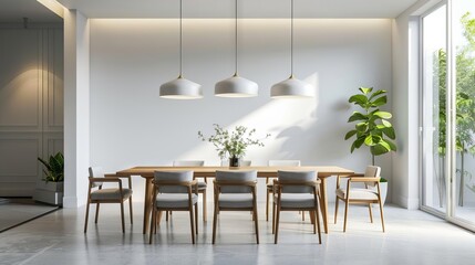 Wall Mural - minimalist contemporary dining room interior with sleek neutral tones 3d render