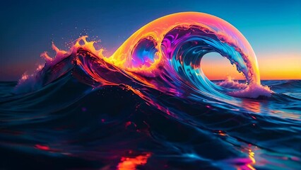 Poster - flowing waves in colors are vibrant and neon, primarily featuring shades of blue, pink, and orange. 