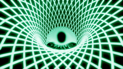 Aufkleber - Abstract striped tunnel of neon green tunnel. Design. Glowing reflective sphere inside 3D corridor.