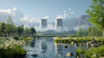Wall Mural - The minimal greenhouse gas emissions of a nuclear power plant in operation, with clean air and surrounding nature, in a serene, photorealistic landscape. 