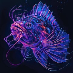 Sticker - A neon fish with its mouth open in the dark. Suitable for underwater themes