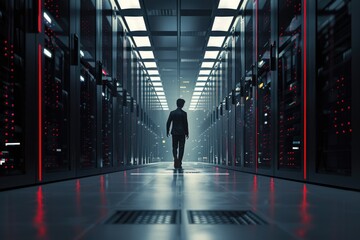 Poster - A man standing in a server room, suitable for technology concepts