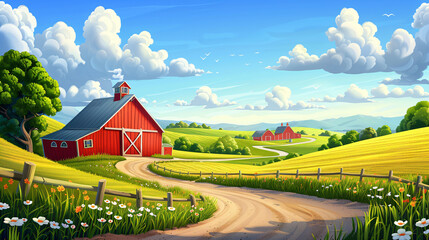 Wall Mural - Rural landscape with a farm on field. Beautiful nature with sunny green hills, red old barn and blue sky. Country background for card, banner, poster