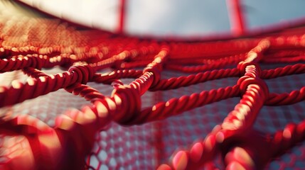 Poster - Close up of a red net with a clock in the background. Suitable for time management concepts