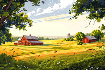 Wall Mural - Rural landscape with a farm on field. Beautiful nature with sunny green hills, red old barn and blue sky. Country background for card, banner, poster