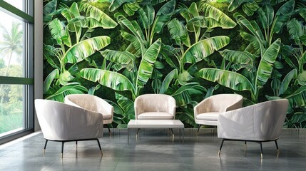 An elegant spa waiting area featuring walls with a solstice green banana leaf pattern, the extra small print evoking a serene, tropical environment.