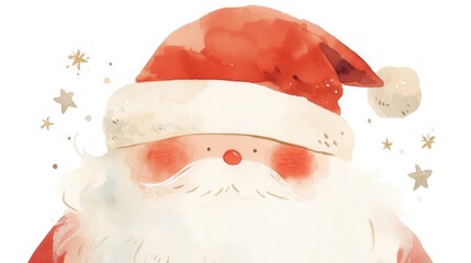 Sticker - A cute Christmas themed Santa Claus wearing a kawaii hat with a cheerful smile depicted in a watercolor style against a white backdrop in a 2d illustration