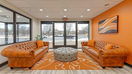 Modern waiting room with orange decor, featuring two brown leather sofas, a stylish ottoman, and a front-facing window entrance showcasing an outside view