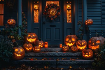 Poster - halloween decorations of jack-o-lanterns with spooky faces on porch offer a festive touch, perfect for setting a spooky scene
