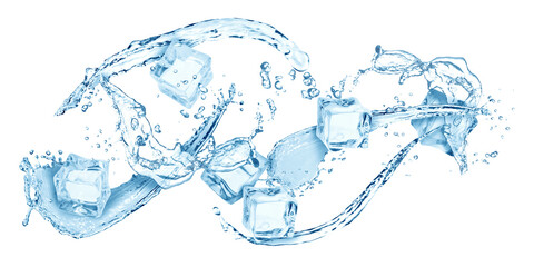 Wall Mural - Ice cubes and splashing water in air on white background