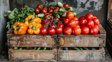 Wall Mural - An assortment of freshly harvested vibrant yellow bell peppers, ripe red tomatoes, and crisp cucumbers displayed in rustic wooden crates for local market sale