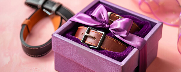 Wall Mural - Purple gift box with velvet ribbon and leather belts on soft pink. Father's Day.