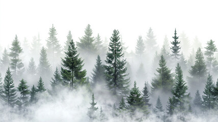 A dense forest of evergreen trees shrouded in mist against a white background