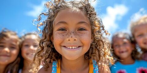 A joyful close-up portrait of a smiling child with curly hair and freckles, accompanied by friends on a sunny day, perfectly capturing the essence of childhood happiness