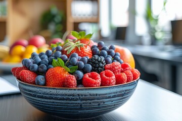 Wall Mural - A vibrant assortment of fresh berries, including strawberries, raspberries, blueberries, and blackberries, arranged in a blue ceramic bowl on a table