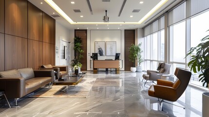 Wall Mural - A modern, sleek office lobby featuring leather seating, a central reception desk, floor-to-ceiling windows, and minimalist decor for a sophisticated business atmosphere