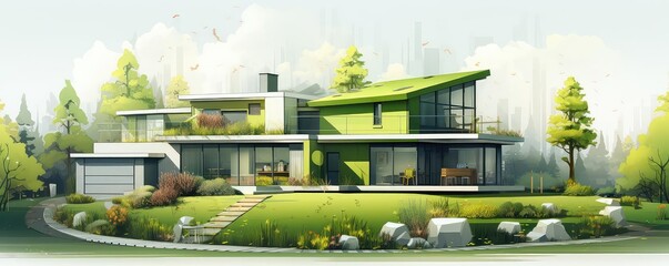 Sustainable living home design, flat design, front view, green architecture theme, animation, vivid