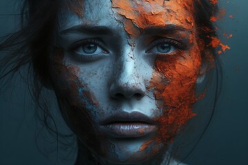 Wall Mural - Abstract woman face with depression and sad emotions, depression and saddens concept 