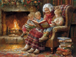 Wall Mural - A woman reads to two children in a cozy living room. The scene is warm and inviting, with a fireplace in the background and a pile of books nearby. The woman is sitting in a chair