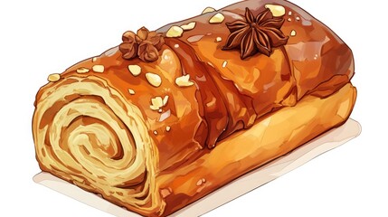 Wall Mural - A sweet treat originating from Hamburg Germany Franzbrotchen is a traditional pastry exuding warm flavors of cinnamon This 2d illustration in a cartoon style stands out against a white back