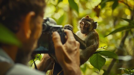 A photographer captures a monkey in the jungle, a moment of wildlife photography.