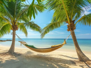 A hammock is hanging between two palm trees on a beach. The scene is peaceful and relaxing, with the sound of the waves in the background