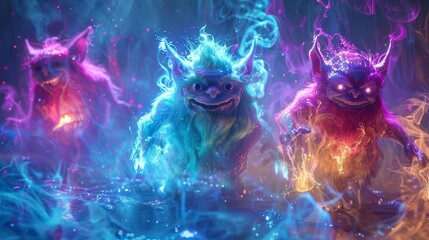 Neon Fantasy Creatures Goblins: A photo of imaginary creatures like goblins depicted in neon colors