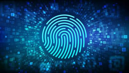 Sticker - Fingerprint. Biometrics identification and approval. Password control through fingerprints. Cyber security concept. Binary Data Flow. Virtual tunnel warp made with digital code. Vector illustration.