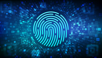 Canvas Print - Fingerprint. Biometrics identification and approval. Password control through fingerprints. Cyber security concept. Binary Data Flow. Virtual tunnel warp made with digital code. Vector illustration.