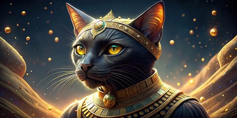 Wall Mural - Beautiful Egyptian-themed stock photo featuring a black cat adorned with golden jewelry against a backdrop of traditional Kemetic dress and jewelry